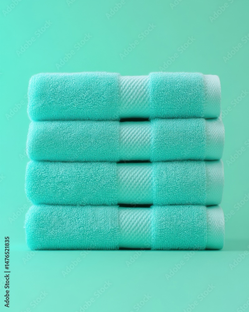 Poster stack of four aqua terry cloth towels in studio setting eye level shot on solid background