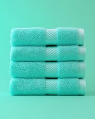 Stack of Four Aqua Terry Cloth Towels in Studio Setting Eye Level Shot on Solid Background