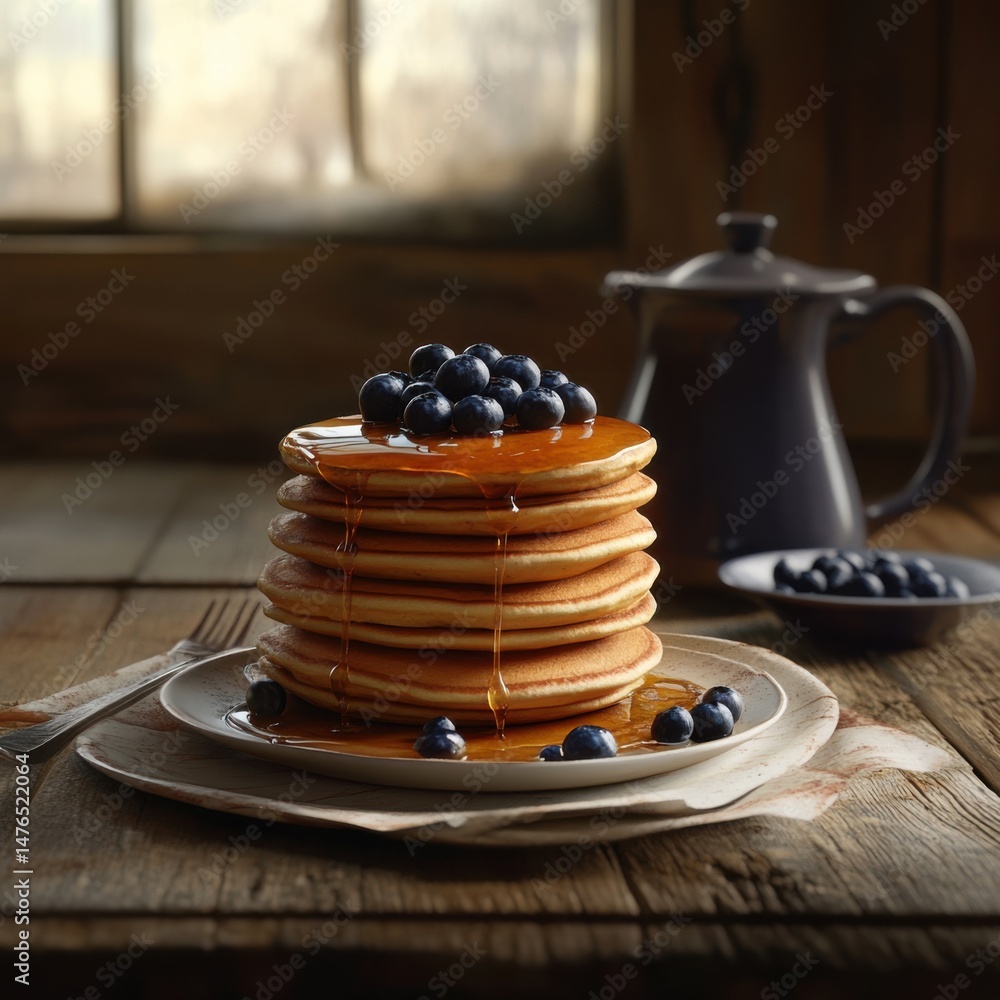 Poster stack of pancakes with blueberries and maple syrup dripping down in rustic setting close up food pho