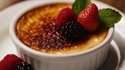 A close-up of a cr&egrave;me br&ucirc;l&eacute;e in a white ramekin, garnished with raspberries and a mint sprig.