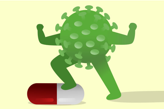 Superbug Virus Standing Over Antibiotic Pill, Concept of Drug Resistance and Antibiotic Failure