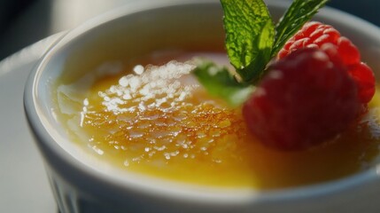 A close-up of a cr&egrave;me br&ucirc;l&eacute;e in a white ramekin, garnished with raspberries and a mint sprig.