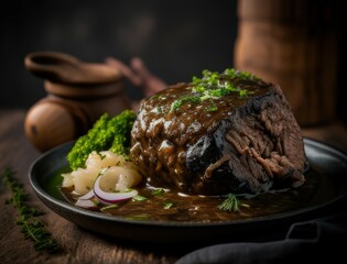 Juicy braised beef steak in rich brown sauce served with herbs on a ceramic plate in a cozy rustic setting capturing the essence of homemade gourmet comfort food dinner