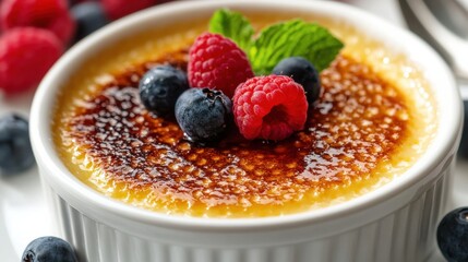A close-up of a crème brûlée in a white ramekin, garnished with raspberries and a mint sprig.