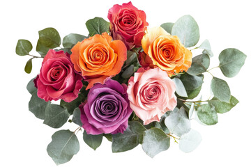 Obraz premium Beautiful assorted roses bouquet with greenery isolated on white ideal for wedding invitations and decor