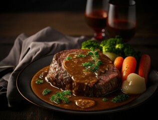 Juicy braised beef steak in rich brown sauce served with herbs on a ceramic plate in a cozy rustic setting capturing the essence of homemade gourmet comfort food dinner