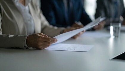 Business meeting in progress with executives reviewing documents at a table, a professional setting for collaboration and decision making