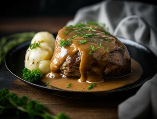 Juicy braised beef steak in rich brown sauce served with herbs on a ceramic plate in a cozy rustic setting capturing the essence of homemade gourmet comfort food dinner