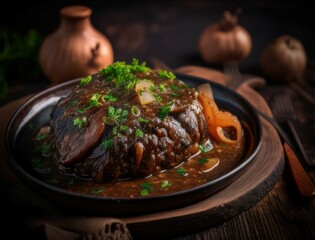 Juicy braised beef steak in rich brown sauce served with herbs on a ceramic plate in a cozy rustic setting capturing the essence of homemade gourmet comfort food dinner