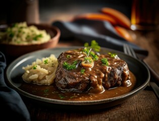 Juicy braised beef steak in rich brown sauce served with herbs on a ceramic plate in a cozy rustic setting capturing the essence of homemade gourmet comfort food dinner