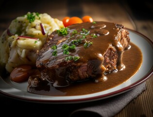 Juicy braised beef steak in rich brown sauce served with herbs on a ceramic plate in a cozy rustic setting capturing the essence of homemade gourmet comfort food dinner