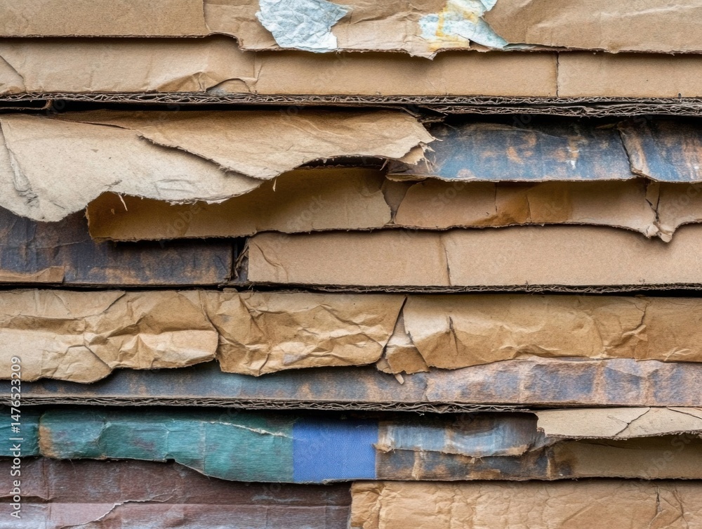 Poster close up of stacked damaged cardboard boxes showing wear and tear in an abstract pattern texture bac