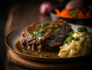 Juicy braised beef steak in rich brown sauce served with herbs on a ceramic plate in a cozy rustic setting capturing the essence of homemade gourmet comfort food dinner