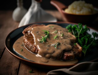Juicy braised beef steak in rich brown sauce served with herbs on a ceramic plate in a cozy rustic setting capturing the essence of homemade gourmet comfort food dinner
