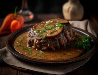 Juicy braised beef steak in rich brown sauce served with herbs on a ceramic plate in a cozy rustic setting capturing the essence of homemade gourmet comfort food dinner