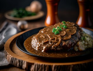 Juicy braised beef steak in rich brown sauce served with herbs on a ceramic plate in a cozy rustic setting capturing the essence of homemade gourmet comfort food dinner