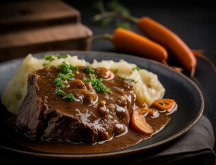 Juicy braised beef steak in rich brown sauce served with herbs on a ceramic plate in a cozy rustic setting capturing the essence of homemade gourmet comfort food dinner