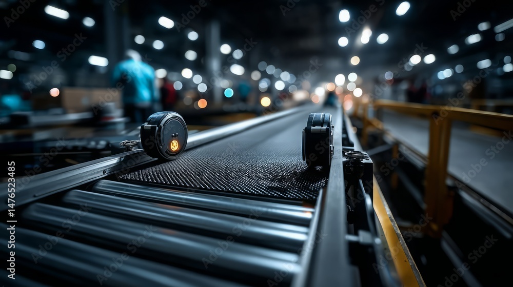 Poster automated manufacturing process with conveyor belt and robotic sensors moving