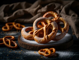 Delicious golden brown pretzels freshly baked and served on a rustic dark wooden table with grains of salt and a soft cloth for a cozy bakery-inspired food photography scene