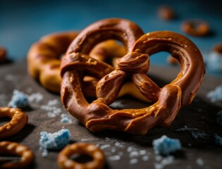 Delicious golden brown pretzels freshly baked and served on a rustic dark wooden table with grains of salt and a soft cloth for a cozy bakery-inspired food photography scene