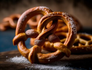 Delicious golden brown pretzels freshly baked and served on a rustic dark wooden table with grains of salt and a soft cloth for a cozy bakery-inspired food photography scene