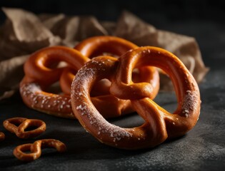 Freshly baked Bavarian pretzels sprinkled with salt and sugar, styled on a rustic dark surface for a traditional food photography scene perfect for culinary or Oktoberfest content.