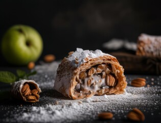 Freshly baked apple strudel with powdered sugar, cinnamon sticks, and apples styled on a rustic wooden board. Perfect for food photography, dessert, or traditional pastry visuals.
