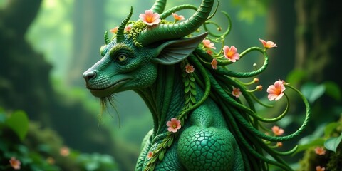 Fototapeta premium A mystical green creature, adorned with vibrant blossoms and verdant vines, gazes serenely into a lush, shadowed woodland
