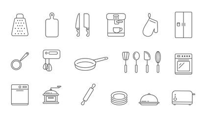 Cooking appliances linear icons isolated on transparent background. Set of cookware and tableware line icons. Kitchen appliances for home, café or restaurant. Thin line. Editable stroke.