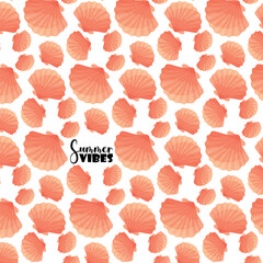 Delicate seamless vector pattern with pink seashells and Summer Vibes text. Perfect for packaging, textiles, wrapping, web design, and seasonal prints.