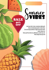 Summer vector flyer with pineapple, watermelon, and a discount label. Perfect for store promotions, seasonal sales, and social media content.