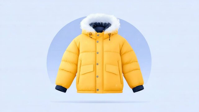 Vibrant Yellow Puffer Jacket with Faux Fur-Lined Hood Against a Soft Blue Background