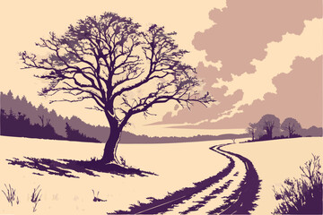 Fototapeta premium 89 winter landscape, snowy field, solitary tree, winding path through snow, cinematic lighting, detailed trees, stunning sky, serene atmosphere, vibrant colors, dramatic composition, photorealistic qu