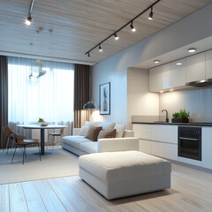 Modern, compact, open plan living room and kitchen with natural light, cozy atmosphere, and minimalist decor