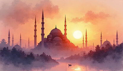 Fototapeta premium Silhouette of Mosque at Sunset with Warm Orange Sky