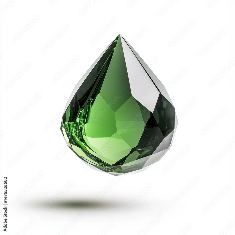 Poster emerald gem floats in studio shot against white backdrop showing facets and refraction of light in t