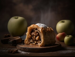 Freshly baked apple strudel with powdered sugar, cinnamon sticks, and apples styled on a rustic wooden board. Perfect for food photography, dessert, or traditional pastry visuals.