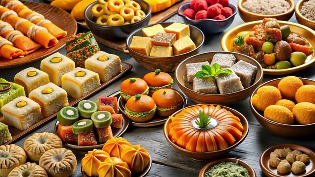 Autumn Food Table, Colorful Festive Treats, Cozy Celebration Atmosphere  