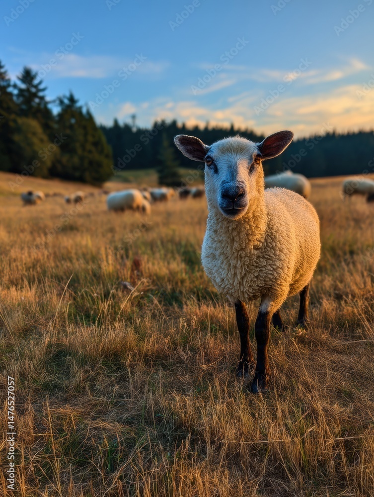 Poster sheep grazing in a meadow at golden hour under a serene sky with vibrant hues and a calm atmosphere