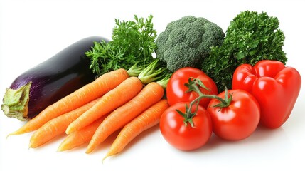 Fresh Orange Carrots Red Tomatoes and Green Broccoli with Eggplant on White Background