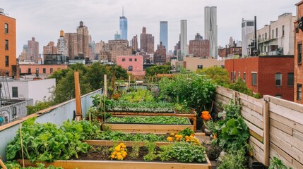Fototapeta premium Rooftop Garden in New York City with Raised Beds and Lush Greenery Overlooking the Manhattan Skyline from a High Angle