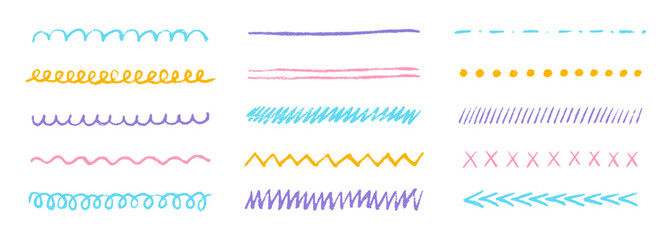 Set hand drawn crayon stripes and pencil underlines doodle, chalk scribbles, charcoal strikes for notes. Grunge texture. Collection of squiggly, wavy, zigzag lines. Vector illustration