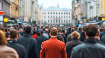 Fototapeta premium Rear view man in red coat standing in busy city street, urban crowd, autumn day, feeling alone
