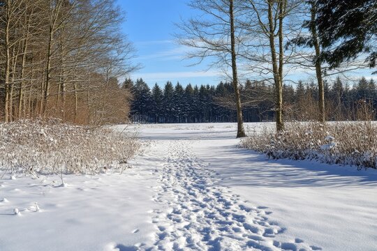 Snowy path through a winter forest