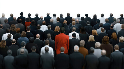 Obraz premium Rear view crowd man red suit standing unique individuality man red suit stands out among crowd expressing individuality