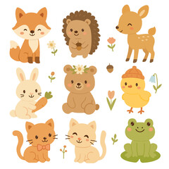 Collection of cute happy little funny forest animal. Set of cute baby animal isolated on white background. Flat vector illustration. Deer fox frog bear chick cat rabbit and hedgehog.