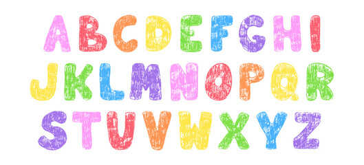 Alphabet hand drawn with childrens crayons pencils with textured effect. Font with letters in colors of rainbow. Vector ABC for educational banners, school, kindergarten