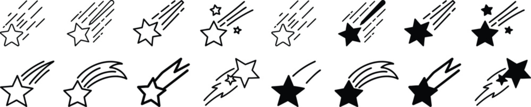 Shooting star or meteor icon representing falling celestial objects, spark stars, night sky events, astronomy visuals, cosmic motion, meteor showers, and outer space exploration