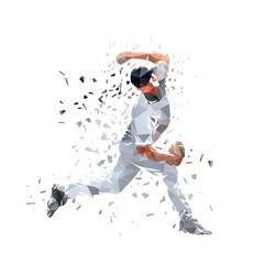 Naklejka premium Baseball sport, baseball pitcher throwing ball, isolated low poly vector illustration with dispersion effect. Side view. Team sports