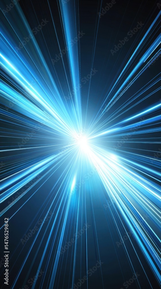 Poster abstract blue light rays bursting from center in dark space background vertical view